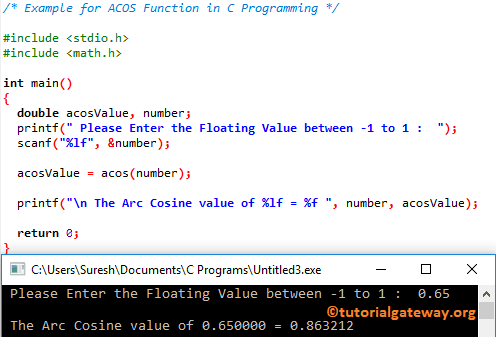ACOS Function in C programming Example 1