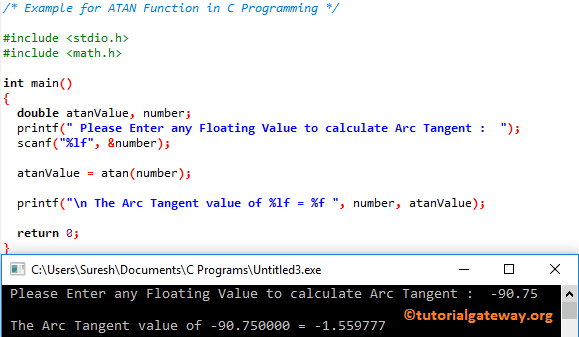 ATAN Function in C Programming Example 1