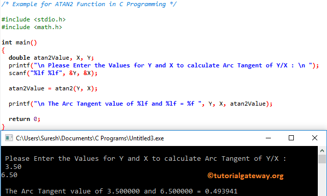 ATAN2 Function in C Programming Example 1