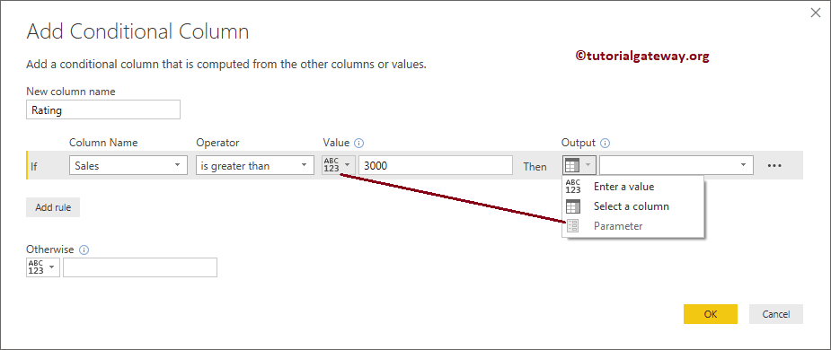 Widow to choose operator, value, and output for the If statement 4