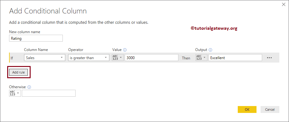 Add New Rule as If Name, Operator, Value, and Output Statement