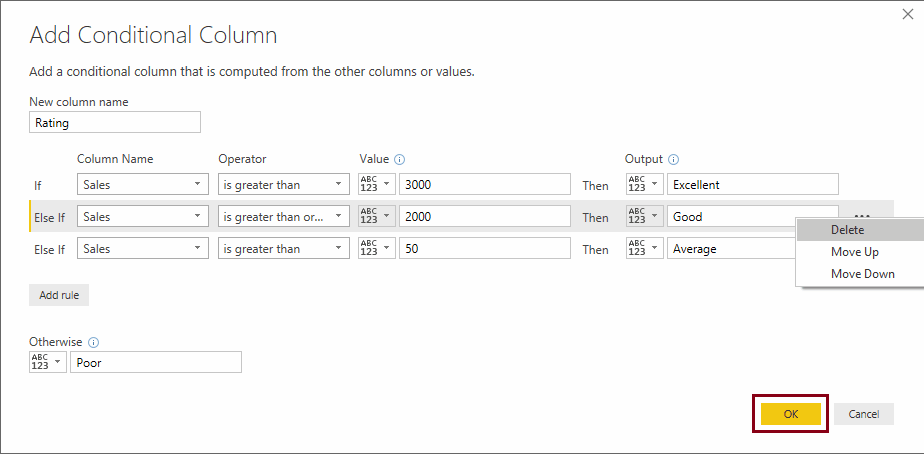 Move Up, Move Down, and Delete Options to Add Conditional Column in Power BI 9