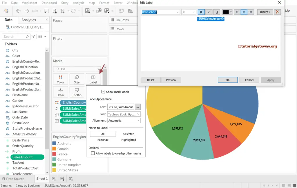Add Data Labels inside a Tableau Pie Chart and format them