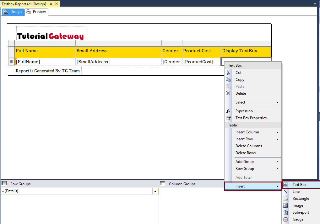 Add TextBox to Table Report Column
