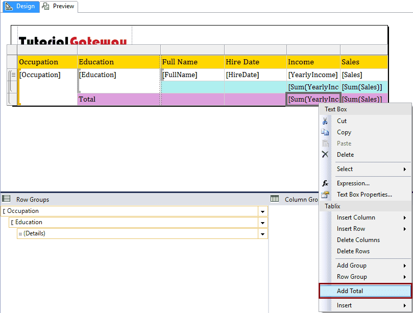 Add Total and SubTotal to SSRS Report 19
