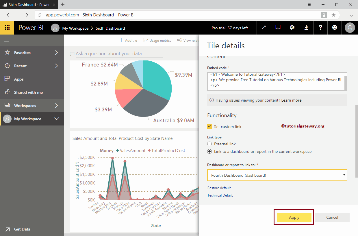 Choose the Link to a Dashboard or Report in the current workspace 9