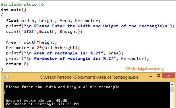 C Program to Calculate Area of a Rectangle and Perimeter of a Rectangle