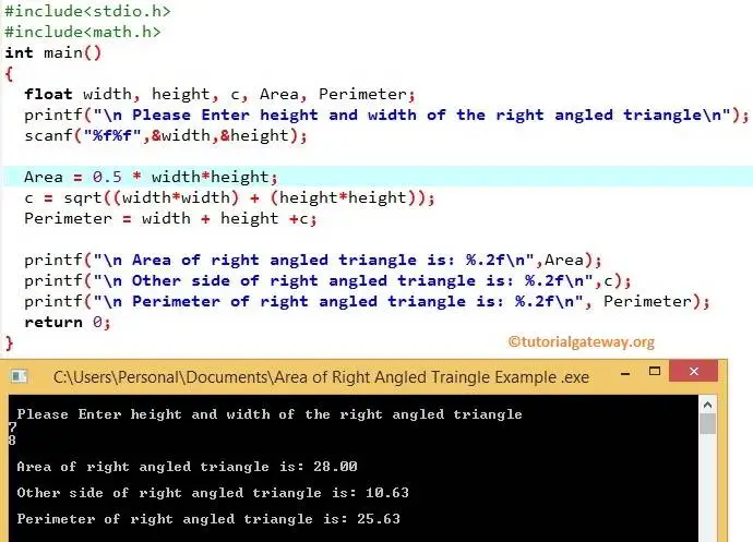 C Program to find Area of a Right Angled Triangle