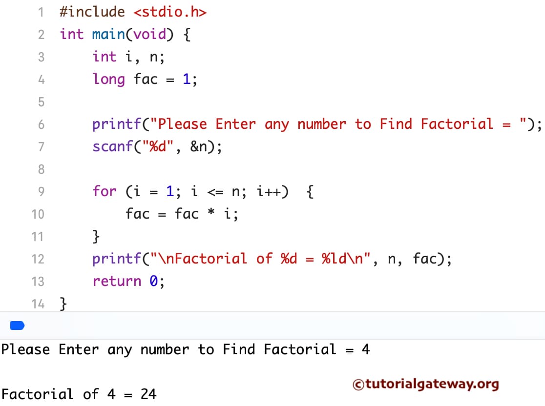 C Program to Find Factorial of a Number Using For Loop