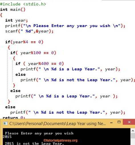 C Program to Check Leap Year using Nested If Statement