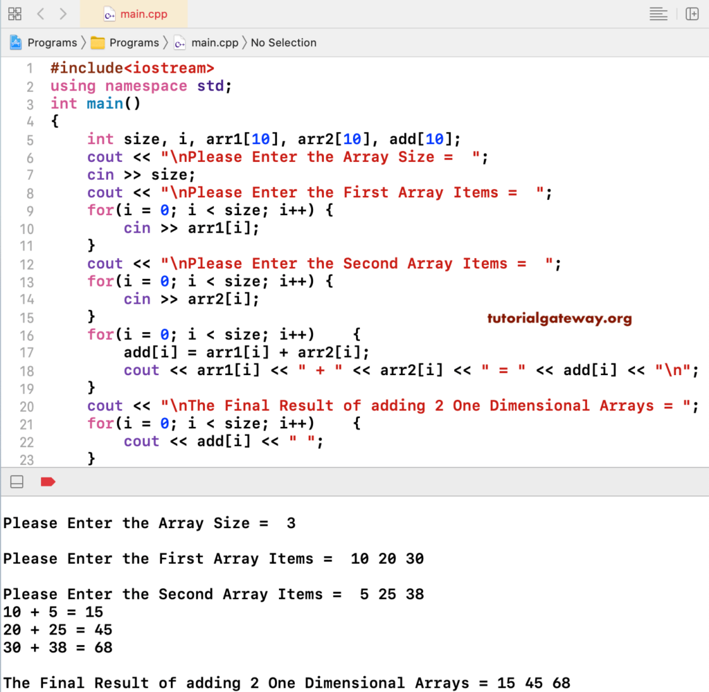 C++ Program to Add Two Arrays 1