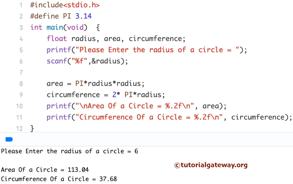 C Program to Calculate Area Of a Circle using Radius