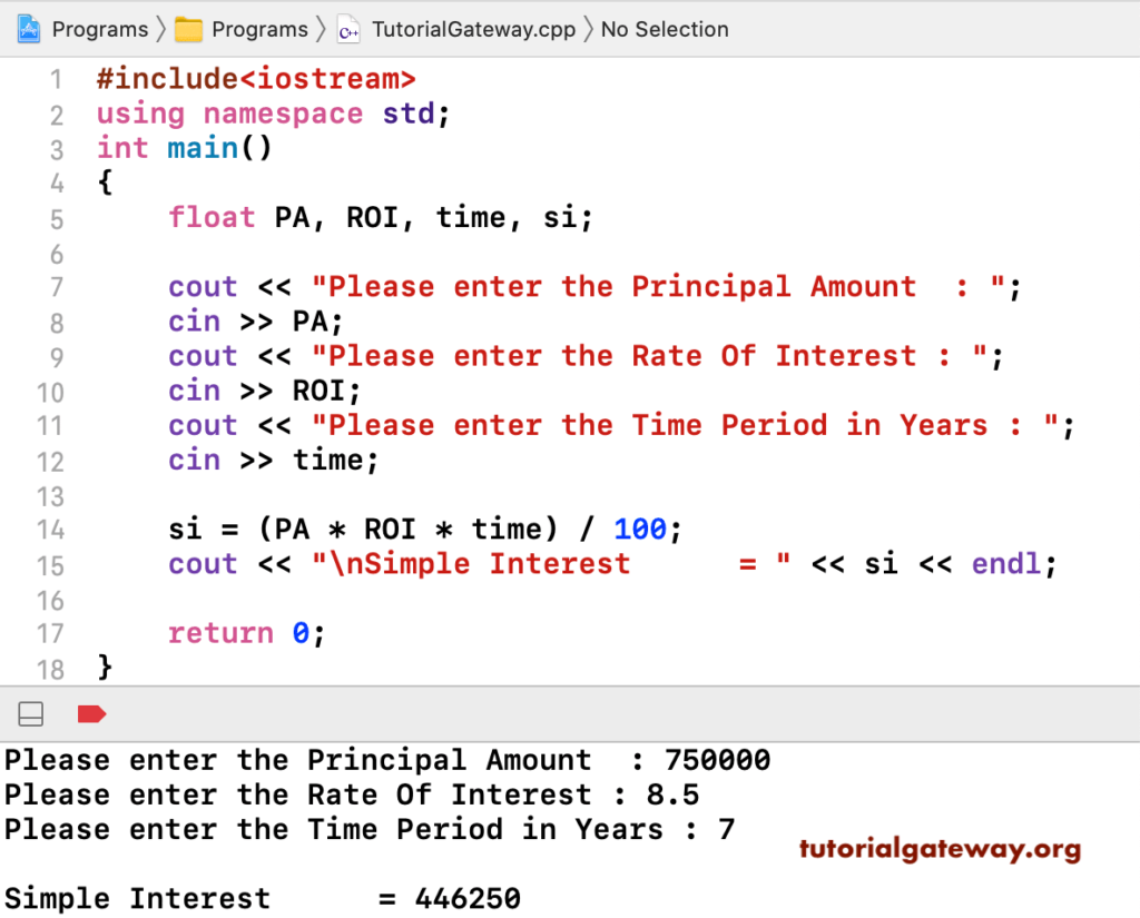 C++ Program to Calculate Simple Interest 1