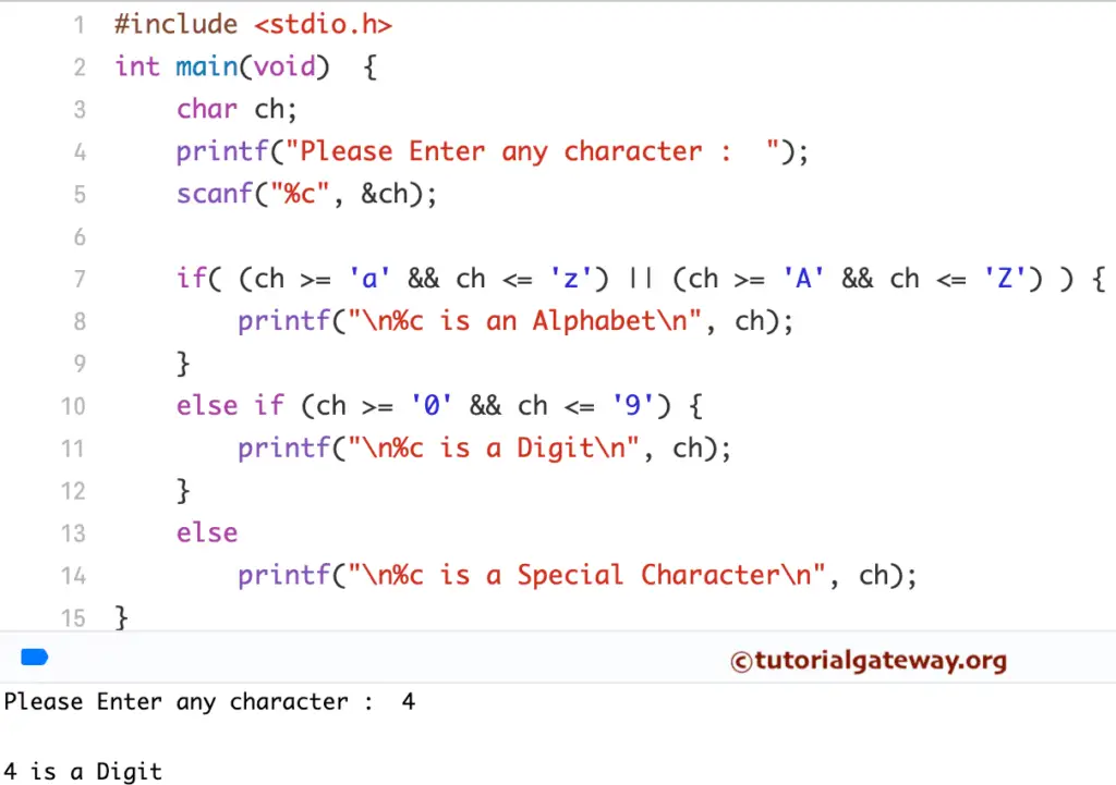 C Program to Check Character is Alphabet, Digit, or Special Character  using else if statement