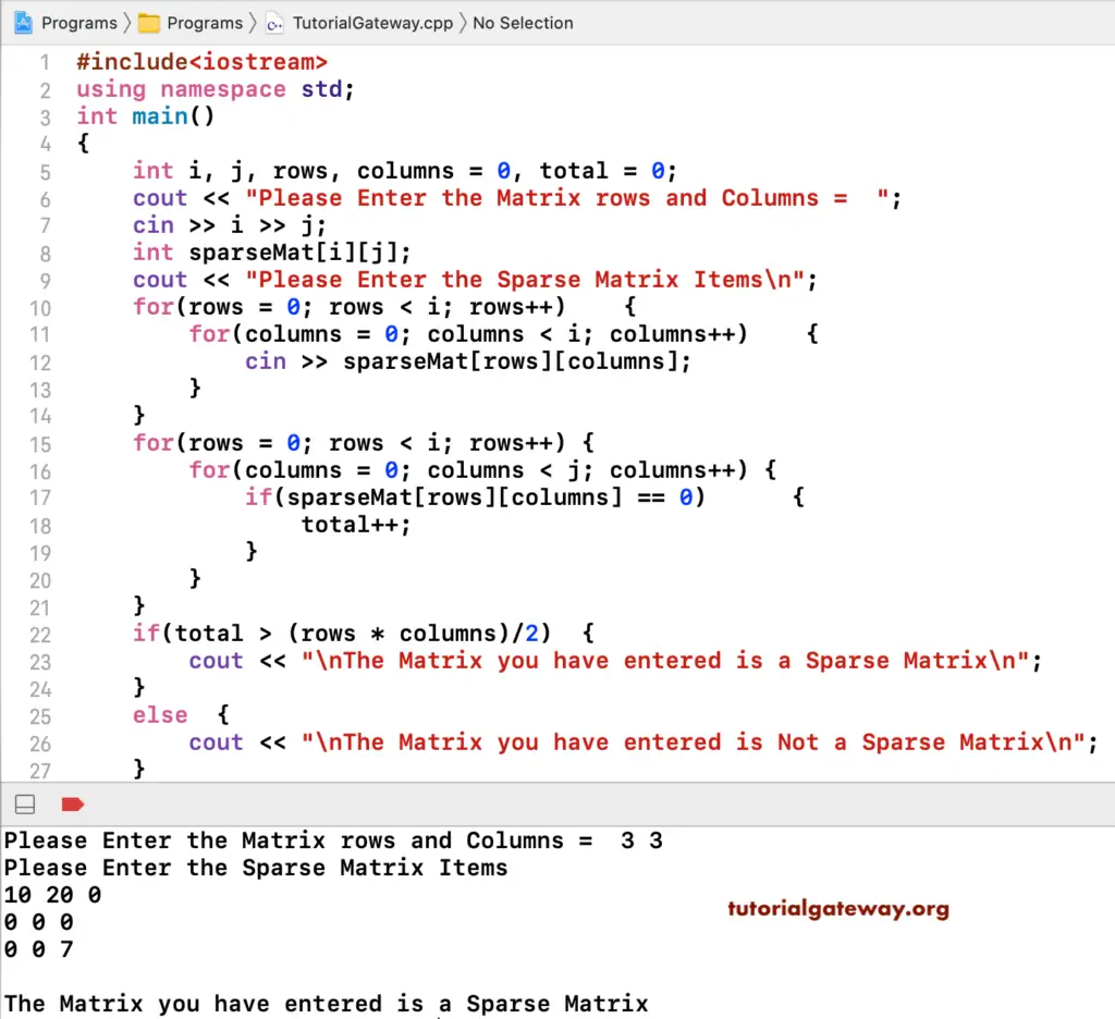 C++ Program to Check Matrix is a Sparse Matrix 1
