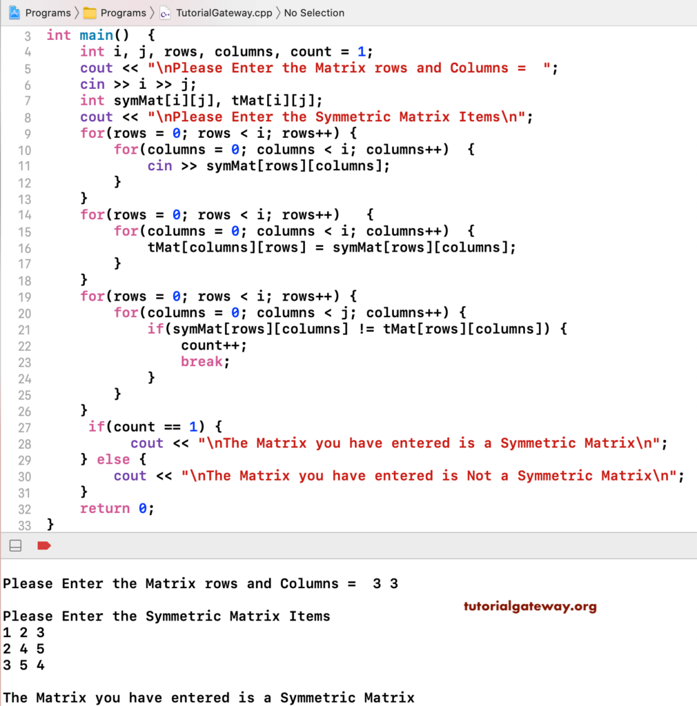C+ Program to Check Matrix is a Symmetric Matrix 1