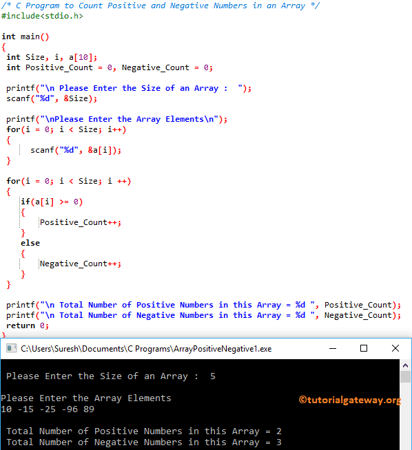 C Program to Count Positive and Negative Numbers in an Array 1