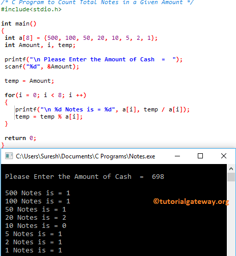 C Program to Count Total Notes in a Given Amount 1