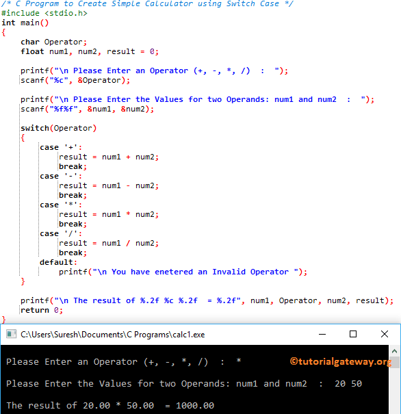 C Program to Create Simple Calculator using Switch Case 1