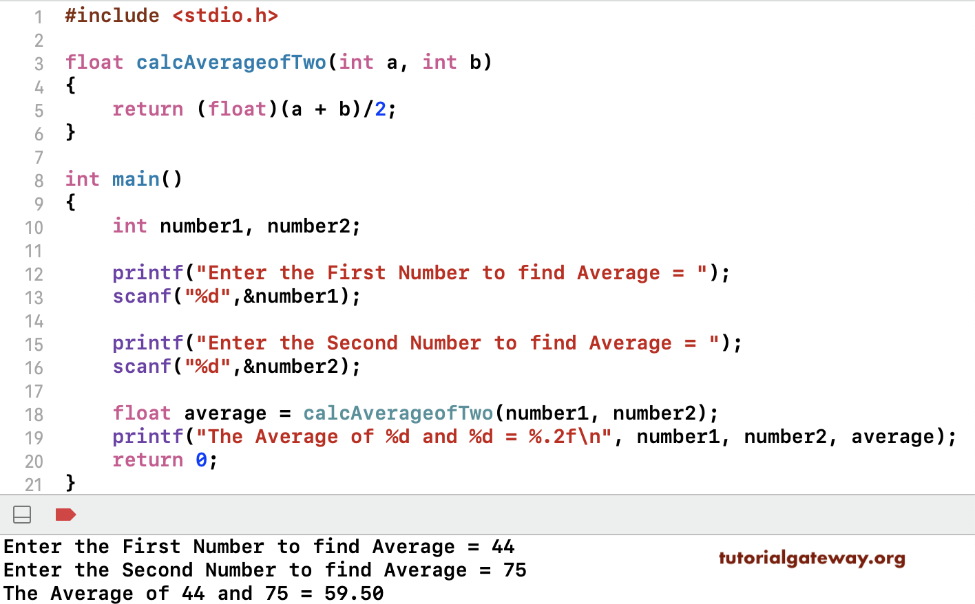 C Program to Find Average of Two Numbers 2