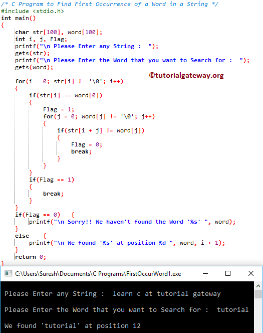C Program To Find First Occurrence Of A Word In A String