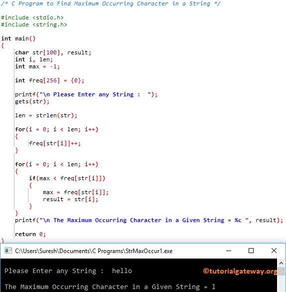 C Program to Find Maximum Occurring Character in a String 1