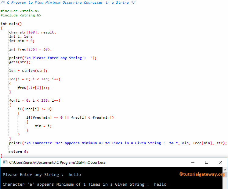 C Program to Find Minimum Occurring Character in a String 1