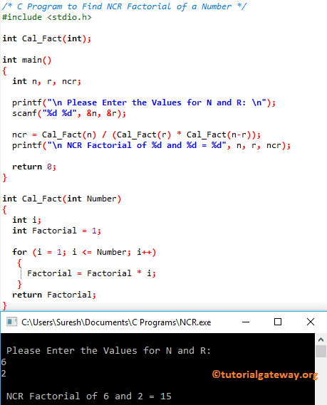 C Program to Find NCR Factorial of a Number Example