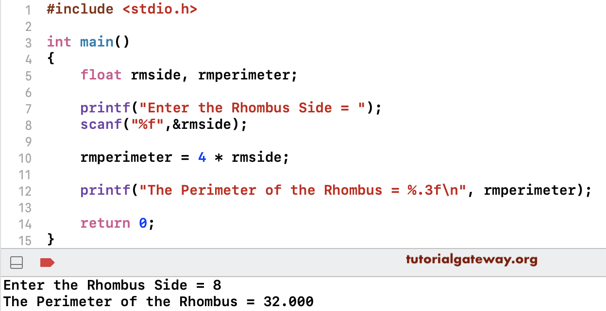C Program to Find Perimeter of a Rhombus 1