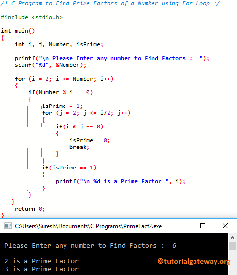 find the prime factors of a number in c