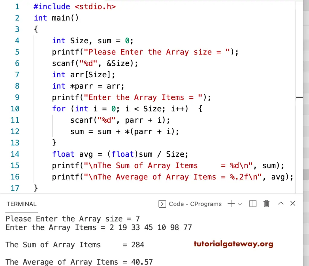 C Program to Find Sum and Average of Array Elements using a Pointer 2