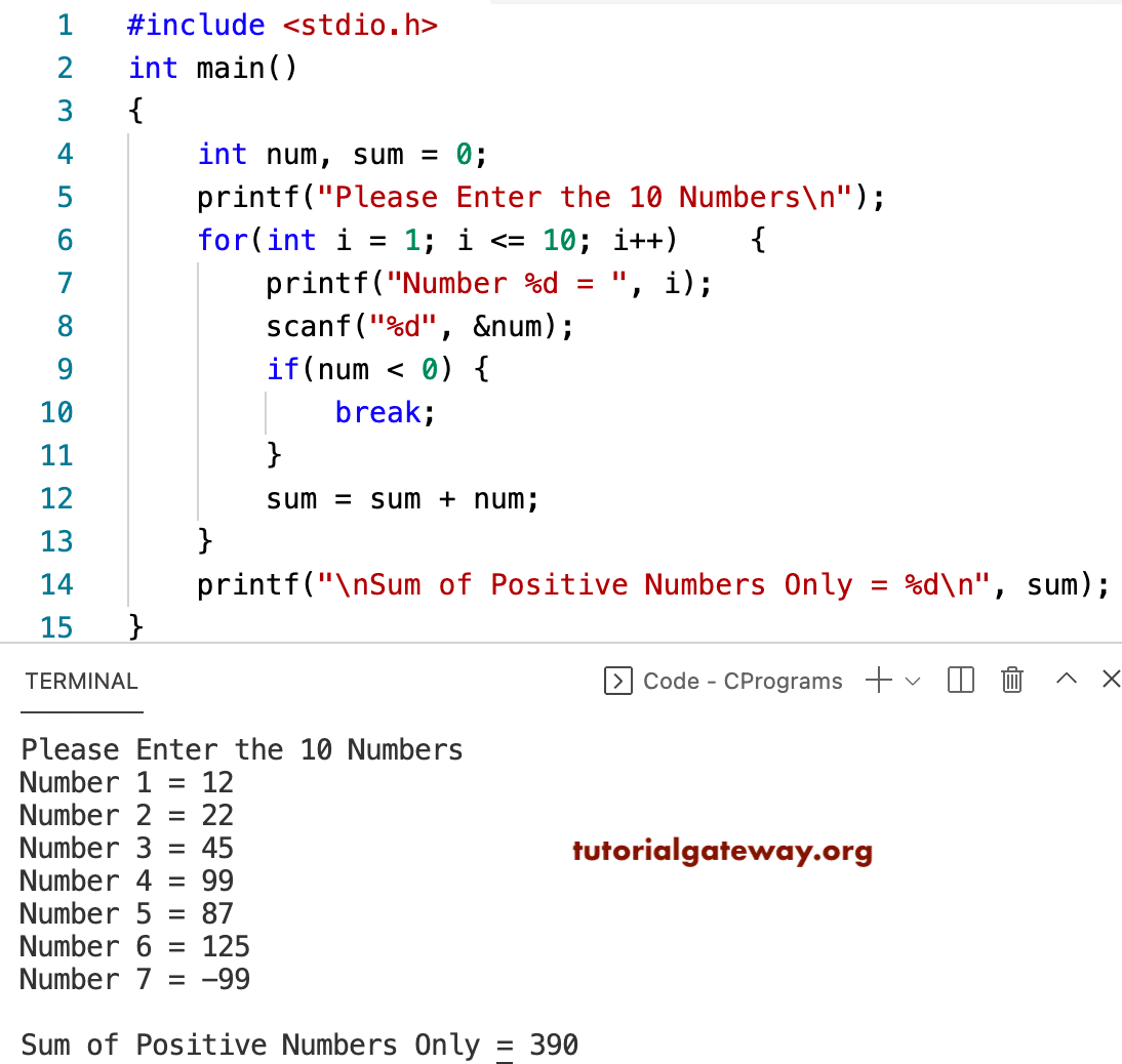 C Program to Find Sum of 10 Numbers until user enters positive number