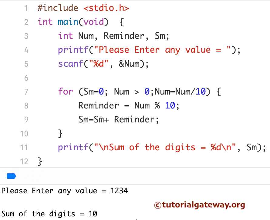 C Program to Find Sum of Digits of a Number using For Loop