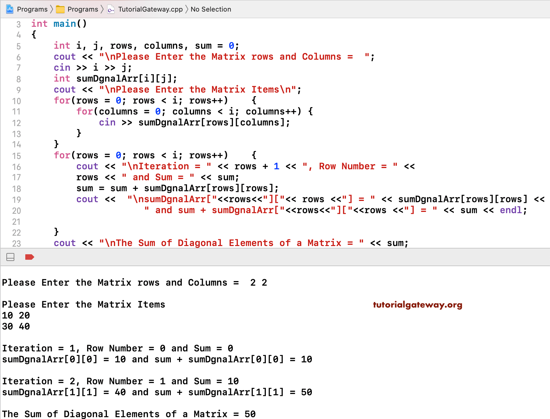 C++ Program to Find Sum of Matrix Diagonal 2