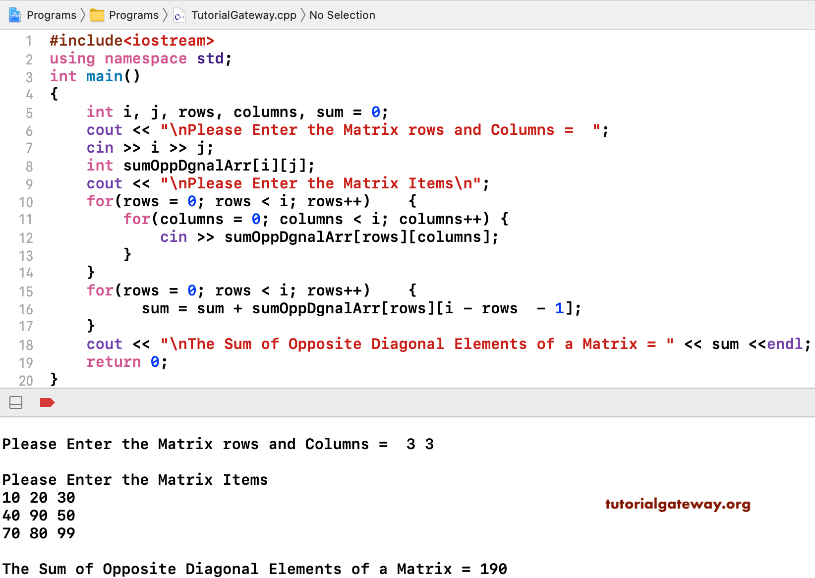 C++ Program to Find Sum of Opposite Diagonal of a Matrix 1
