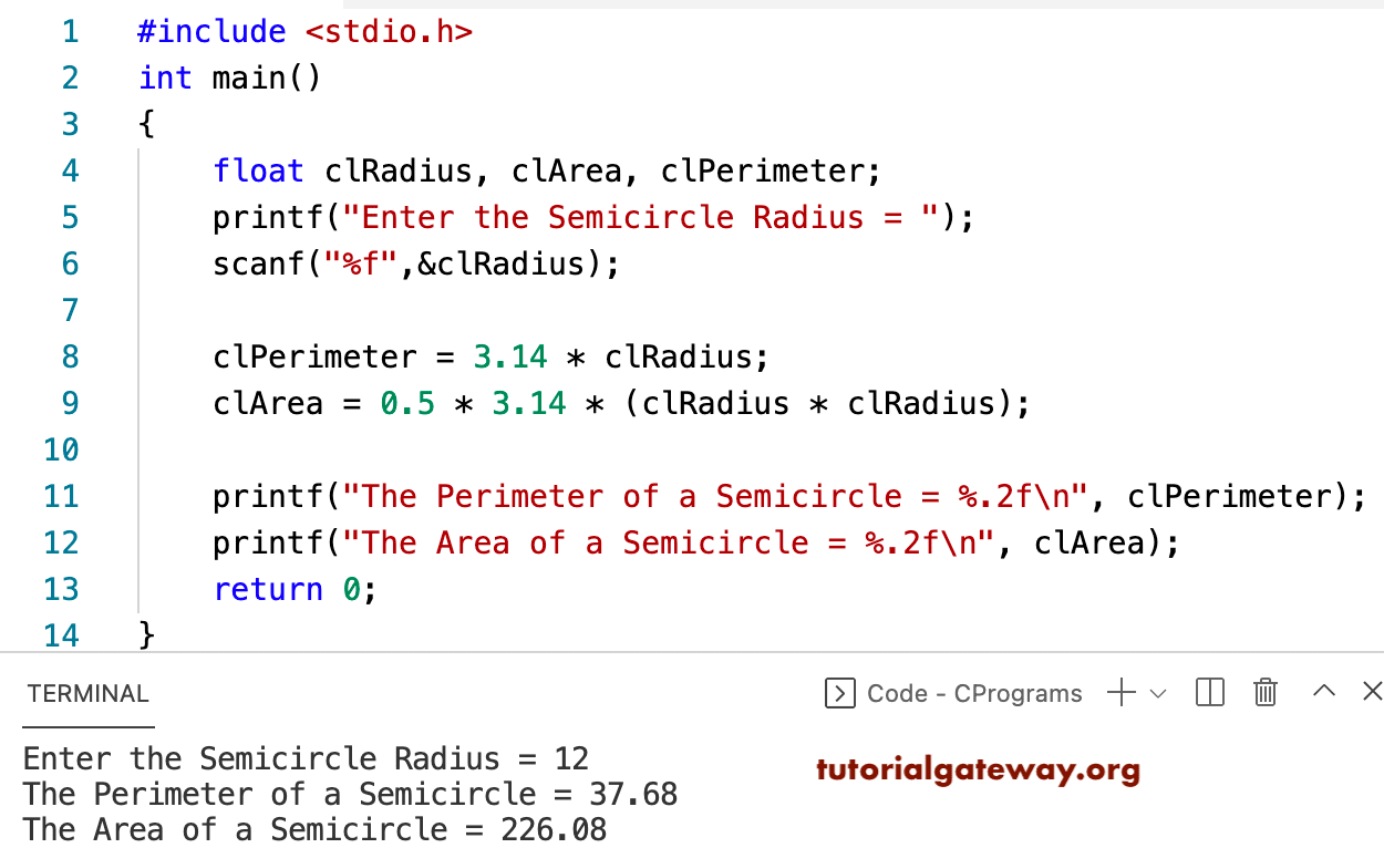 C Program to Find the Area of a Semicircle
