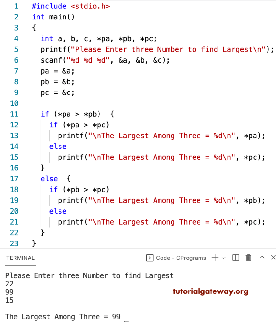 C Program to Find the Largest of Three Numbers using a Pointer