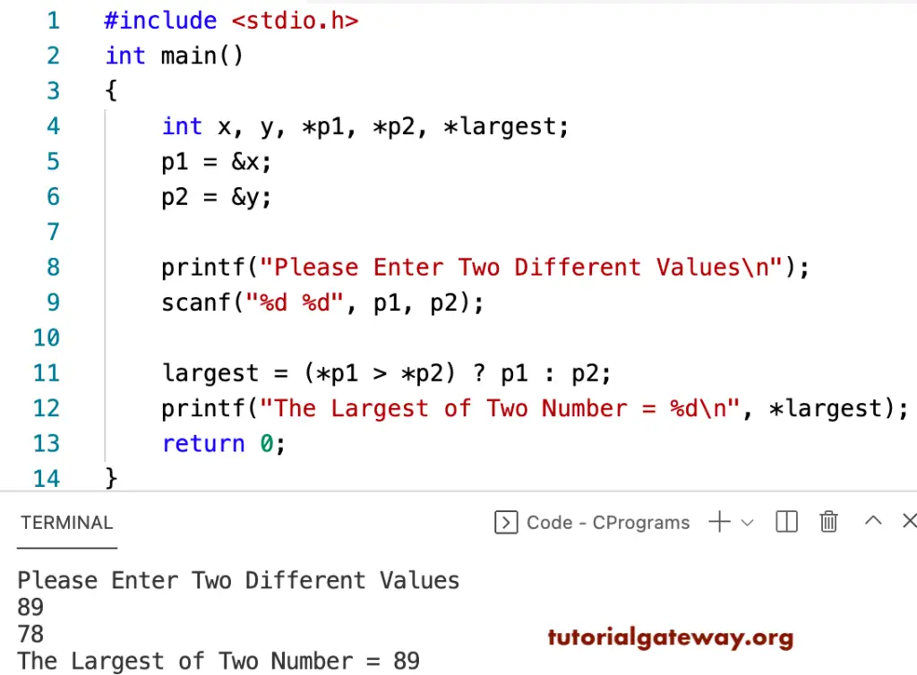 C Program to Find the Largest of Two Numbers using a Pointer 2