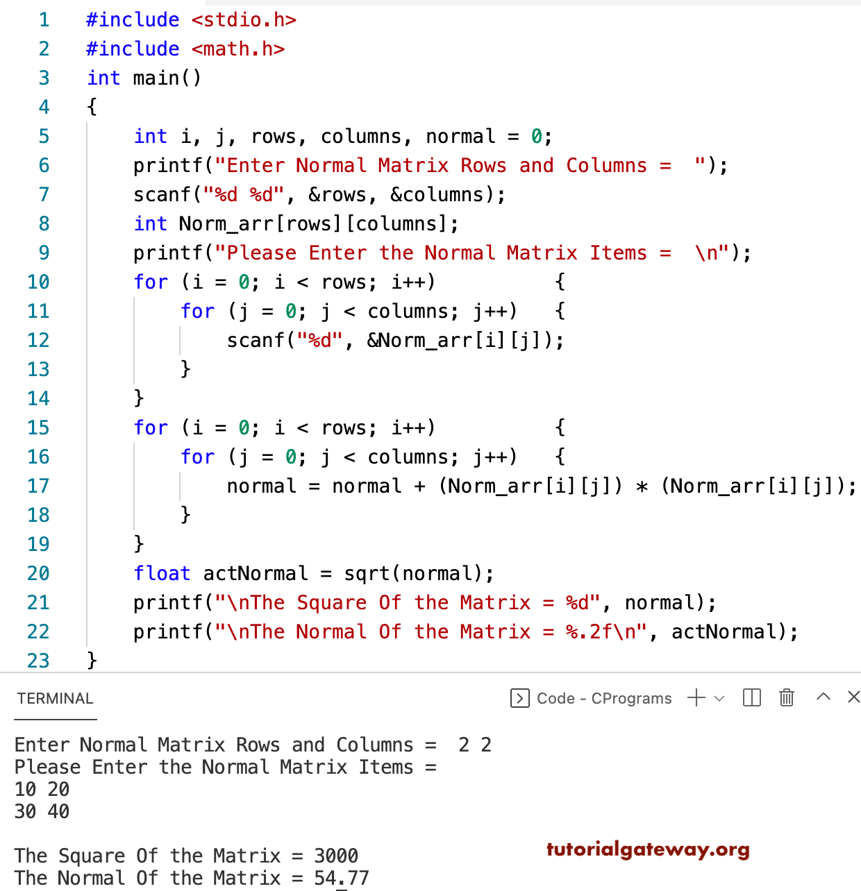 C Program to Find the Normal of a Matrix