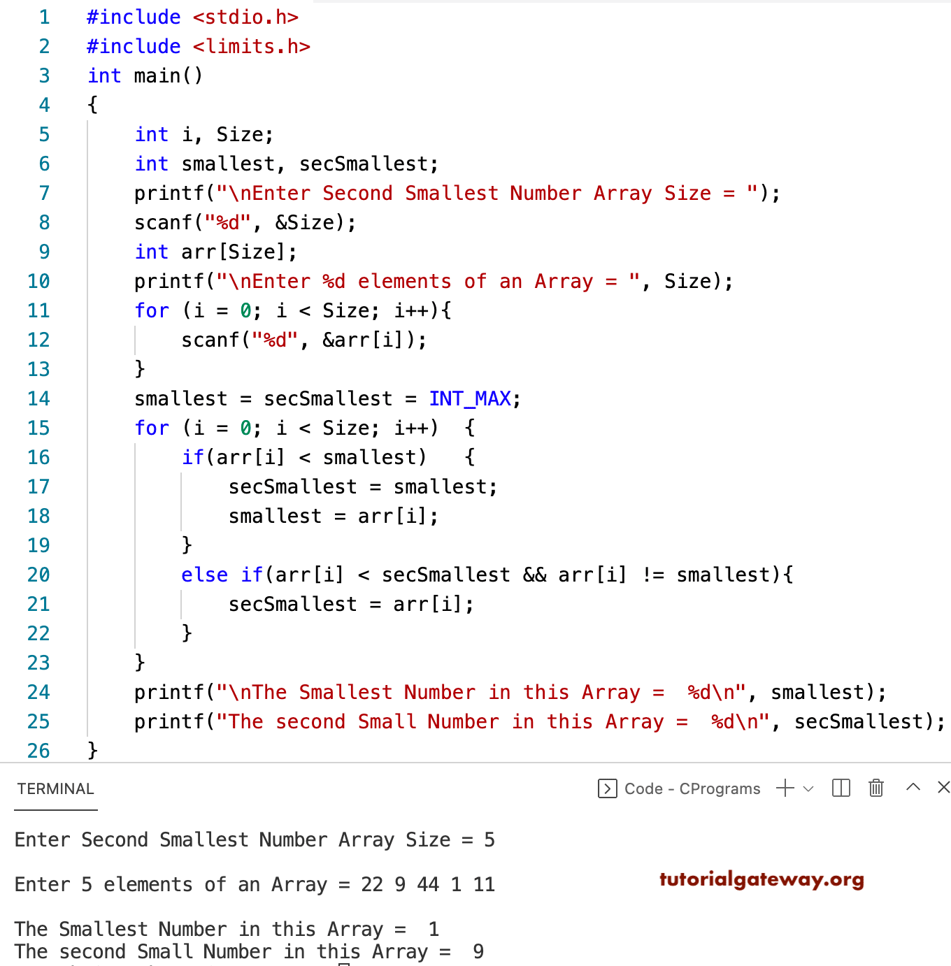 C Program to Find the Second Smallest Element in an Array