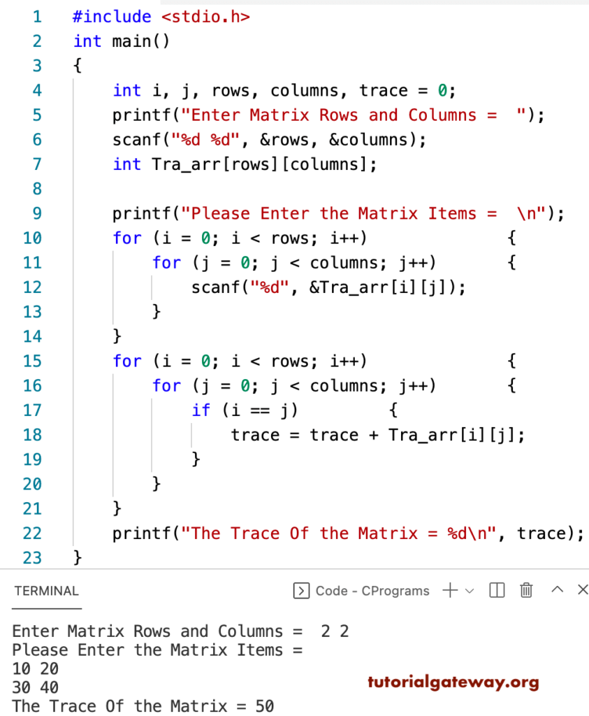 C Program to Find the Trace of a Matrix