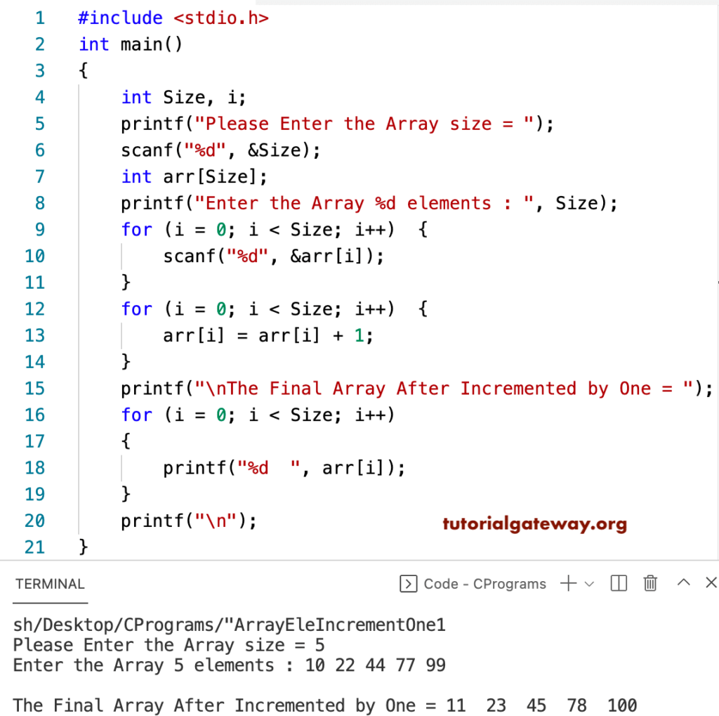 C Program to Increment All Elements of an Array by One