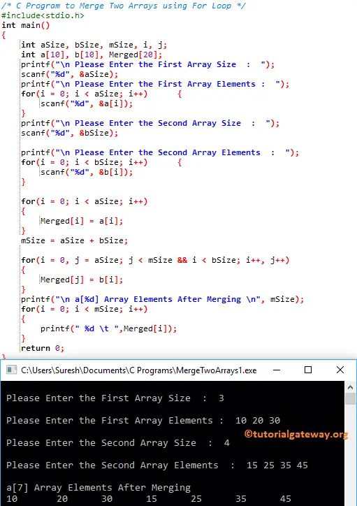 C Program to Merge Two Arrays using For Loop 1