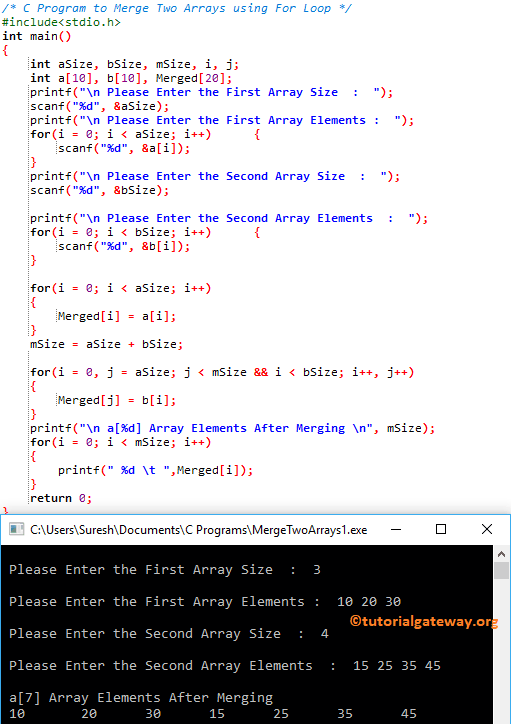 C Program To Merge Two Arrays