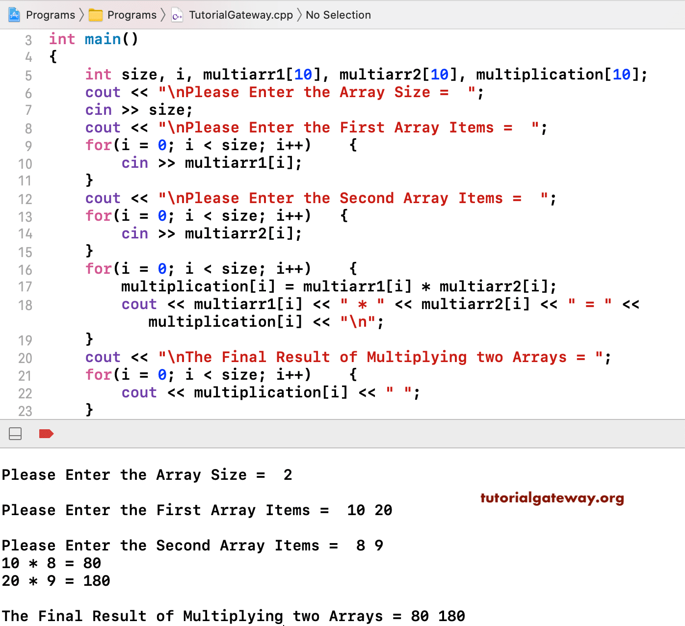 C++ Program to Multiply Two Arrays 1