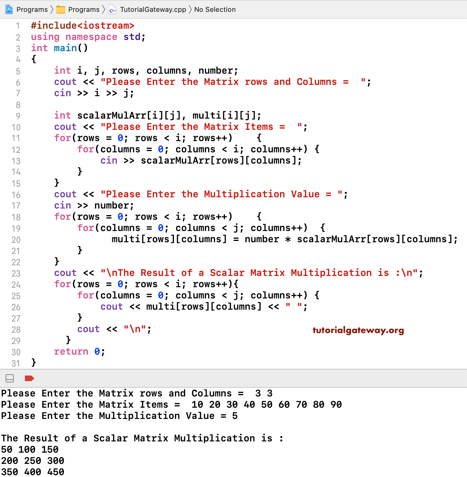 C++ Program to Perform Scalar Matrix Multiplication 1
