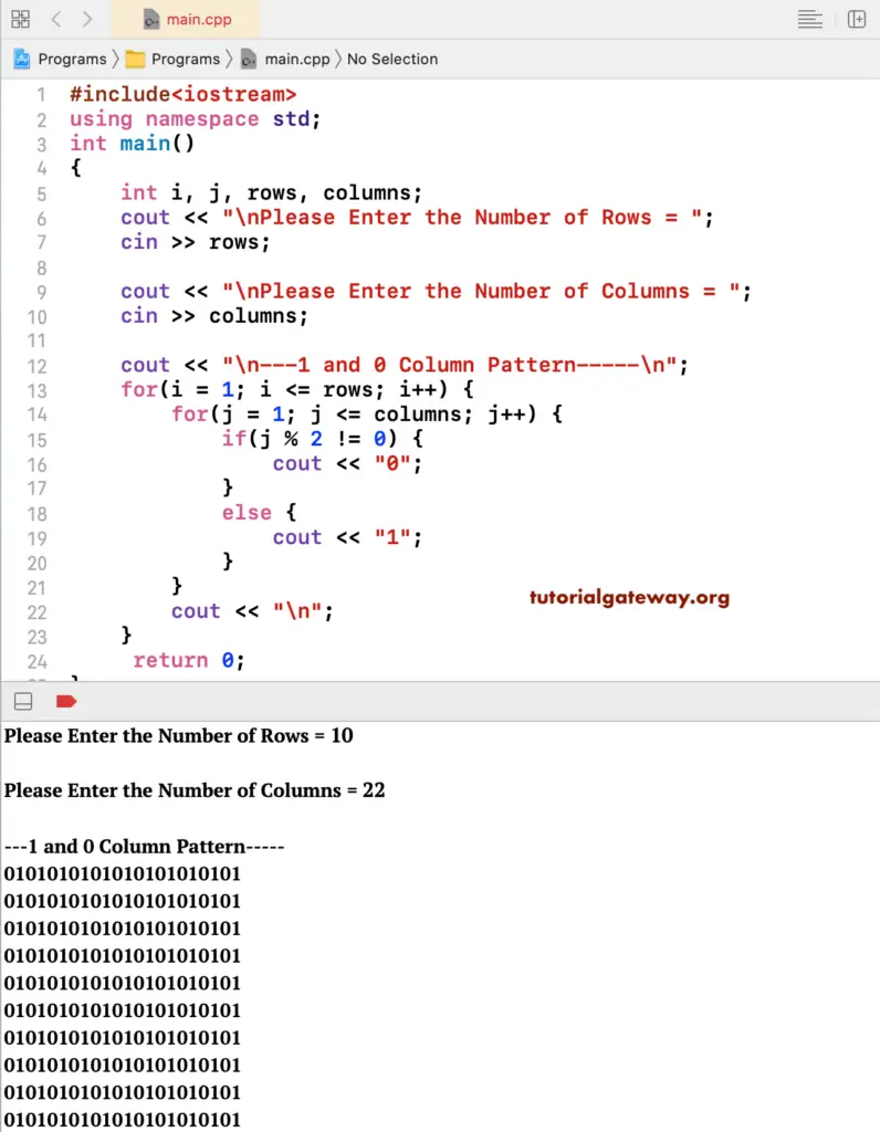 C++ Program to Print 1 and 0 Column Pattern 1