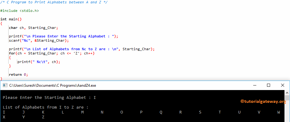 C Program to Print Alphabets between A and Z 4