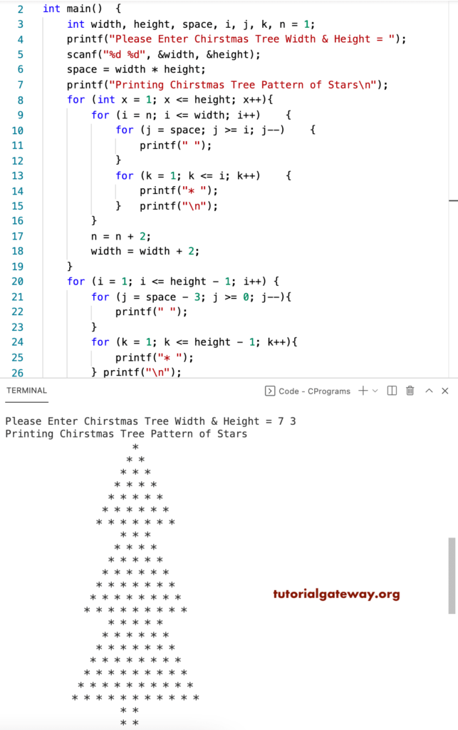 C Program to Print Christmas Tree Star Pattern