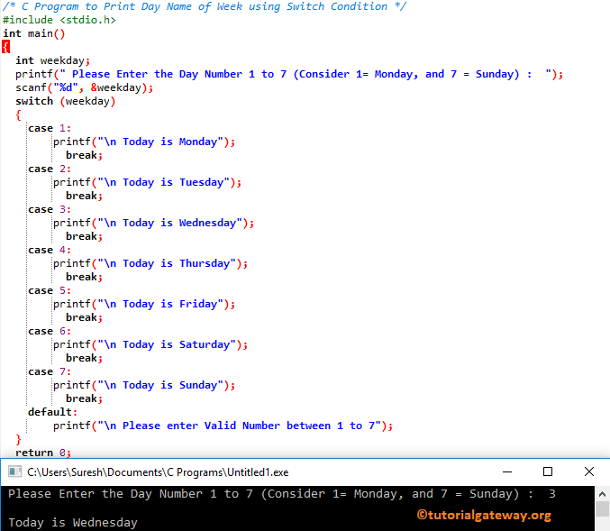 C Program to Print Day Name of Week using Switch Condition 3